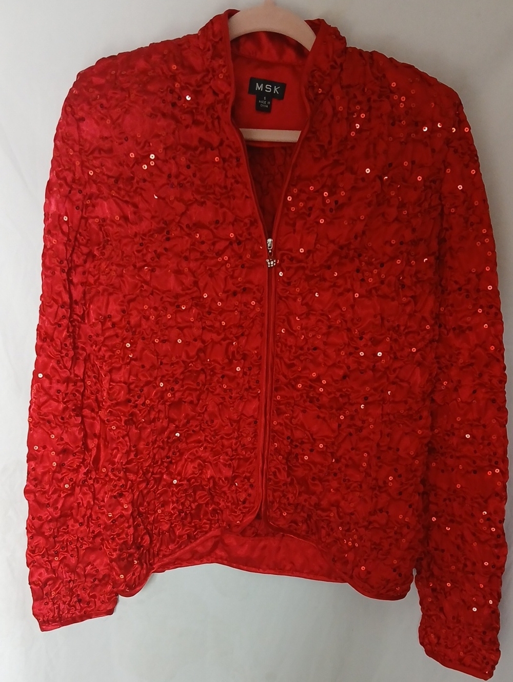 MSK Red Sequin Quilted Bomber Jacket